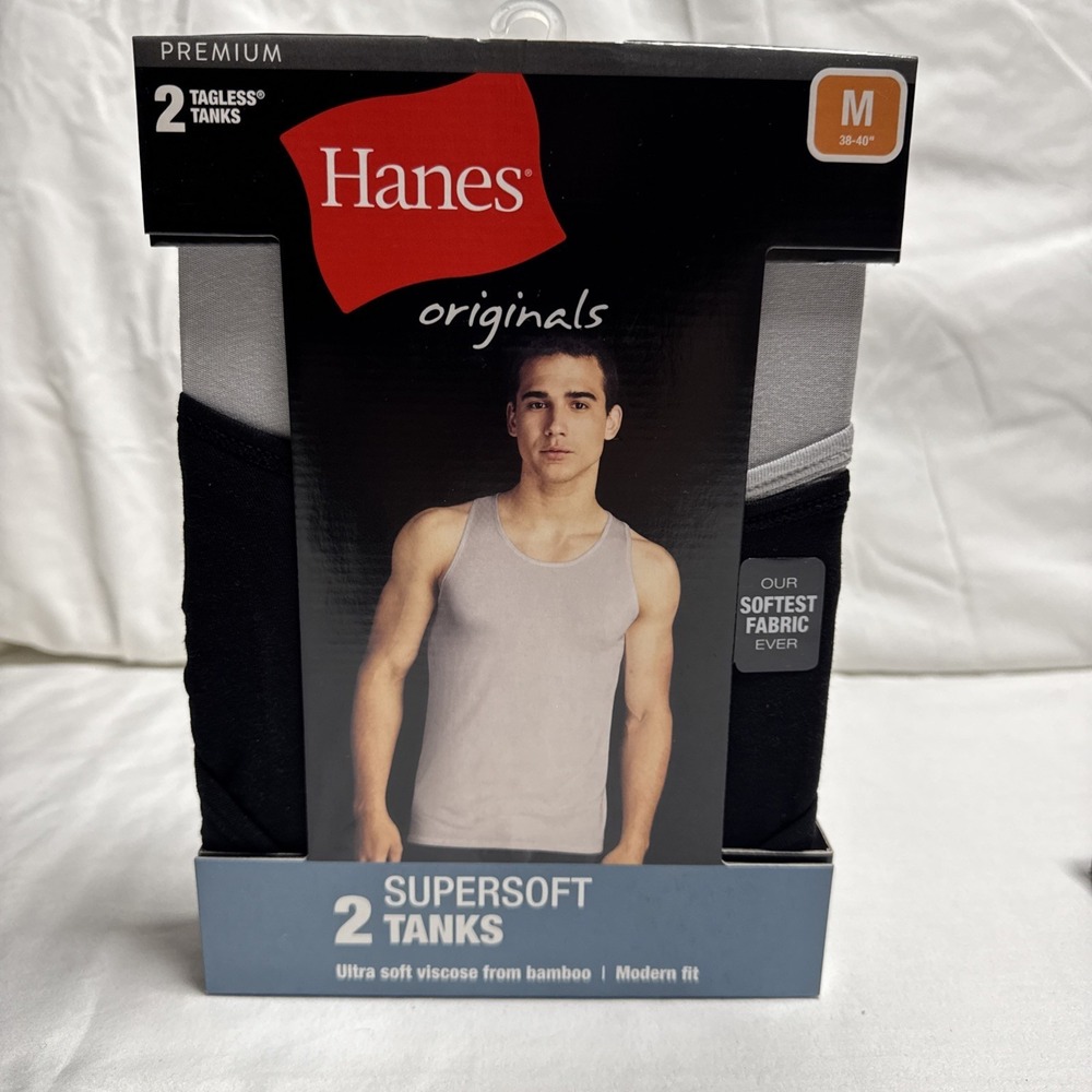 Hanes Tank Top/Undershirts Super Soft Black/Gray 2-Pk Mens Size Medium
